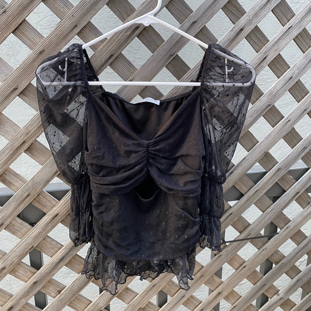 Chic Black Sheer Mesh Long Sleeve Blouse